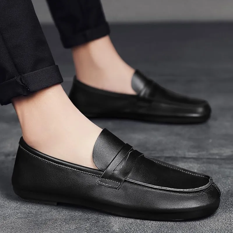 Mens Loafers Round Toe Split Toe Solid Color Leather Penny Loafers Comfortable Resistant Flat Heel Walking Slip On