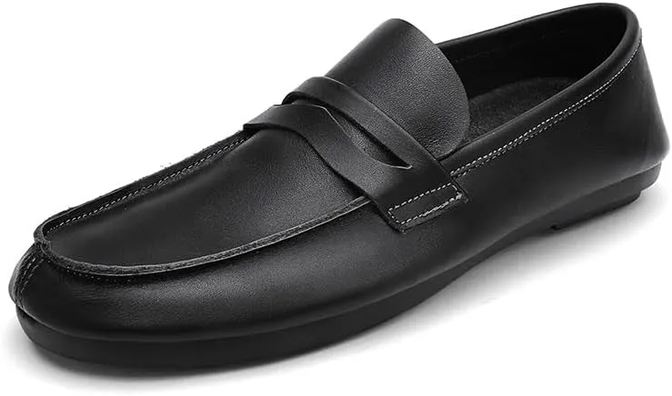 Mens Loafers Round Toe Split Toe Solid Color Leather Penny Loafers Comfortable Resistant Flat Heel Walking Slip On