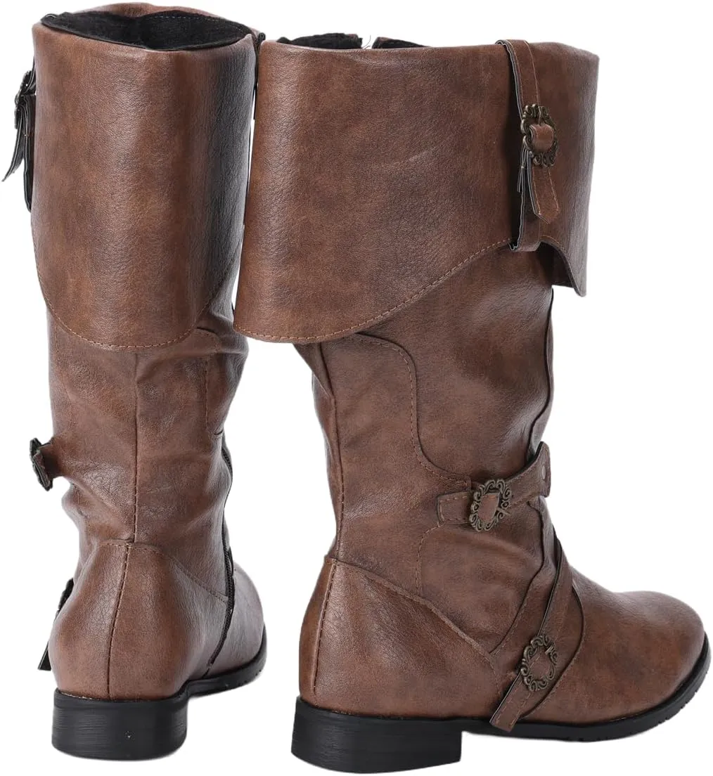 Mens Medieval Renaissance Cosplay Boots Halloween PU Leather Mid Calf Vintage Pirate Viking Shoes