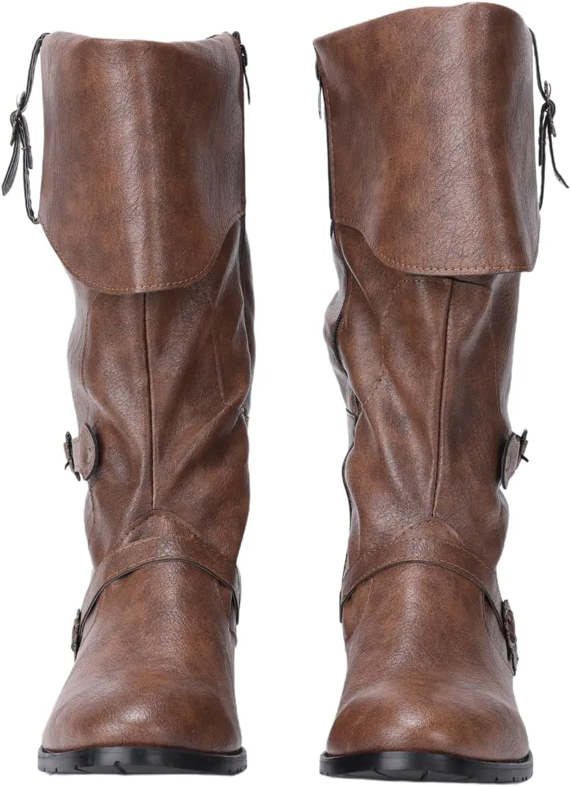 Mens Medieval Renaissance Cosplay Boots Halloween PU Leather Mid Calf Vintage Pirate Viking Shoes