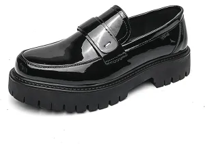 Men's Patent Leather Platform Penny Loafers Fashion Round Toe Slip-On Lug Sole Dress Shoes for Business Work Daily Wear
