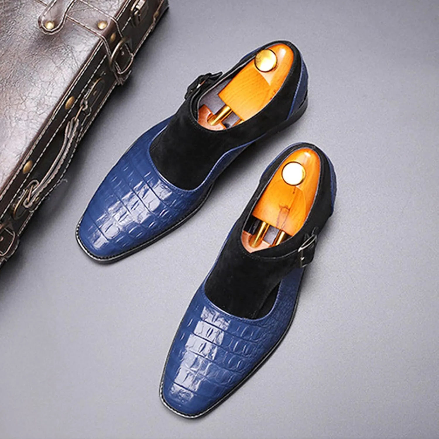 Men's Pattern Leather Patchwork Monk Strap Loafers Fashion Classic Pointed Toe Slip On Formal Business Dress Oxford Shoes