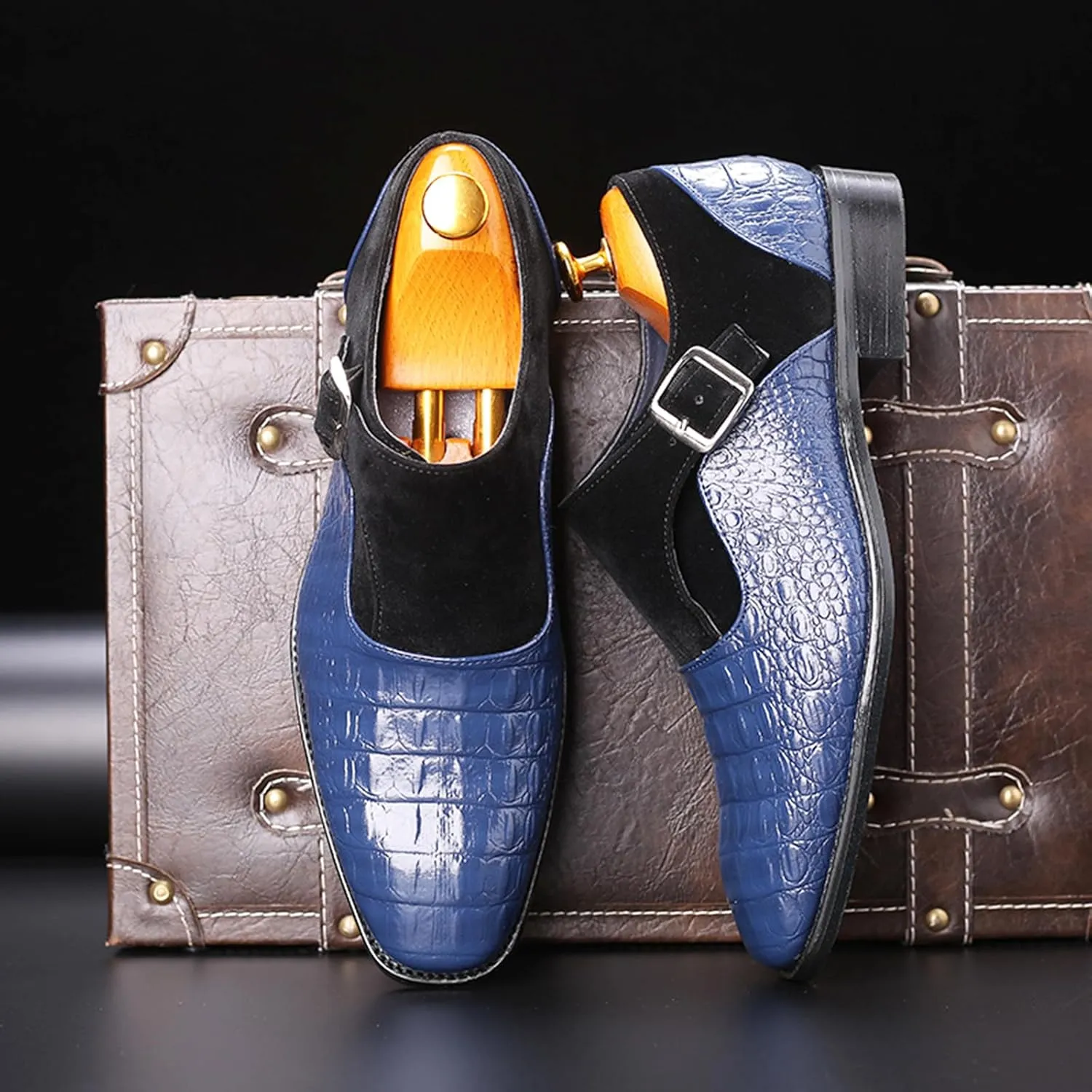 Men's Pattern Leather Patchwork Monk Strap Loafers Fashion Classic Pointed Toe Slip On Formal Business Dress Oxford Shoes