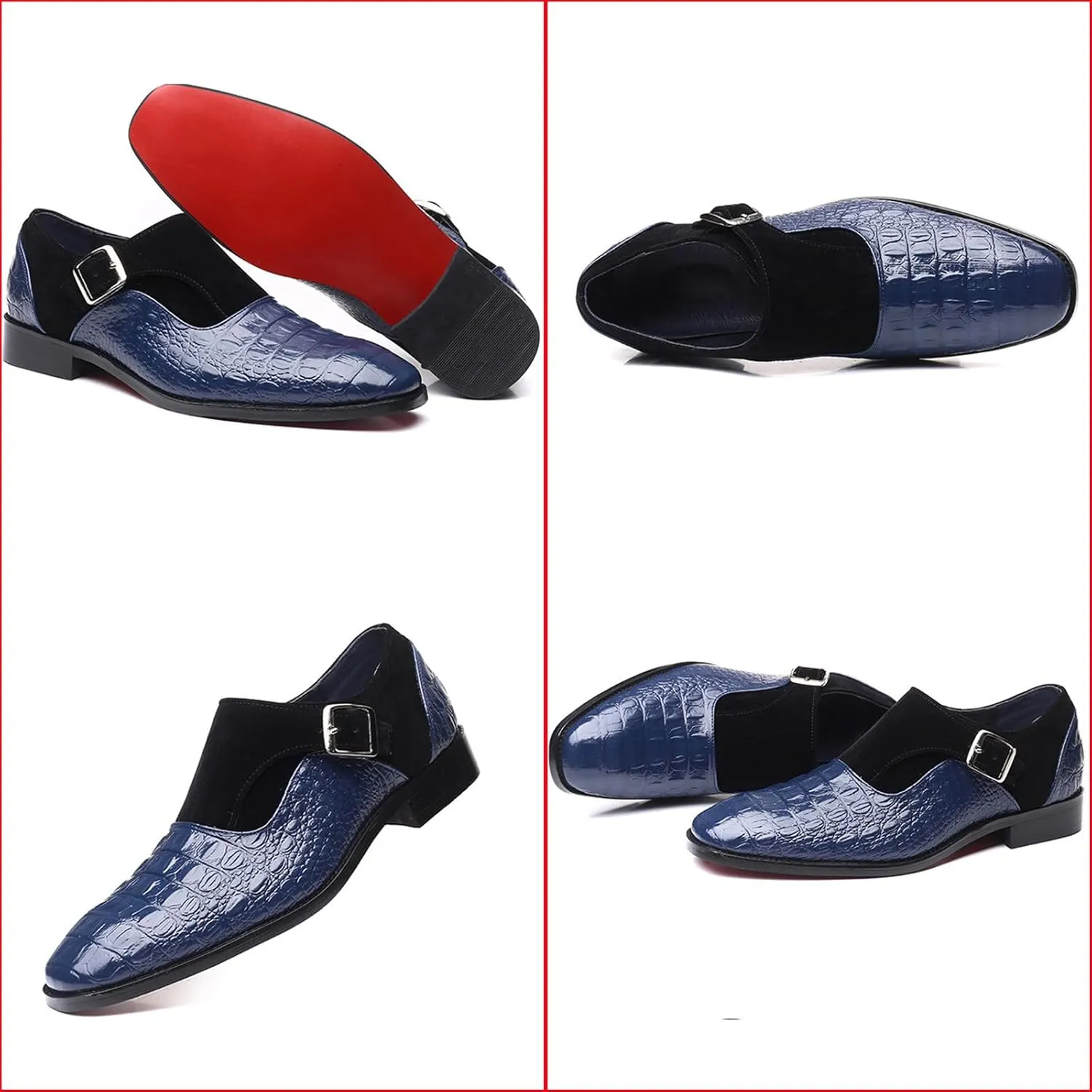 Men's Pattern Leather Patchwork Monk Strap Loafers Fashion Classic Pointed Toe Slip On Formal Business Dress Oxford Shoes