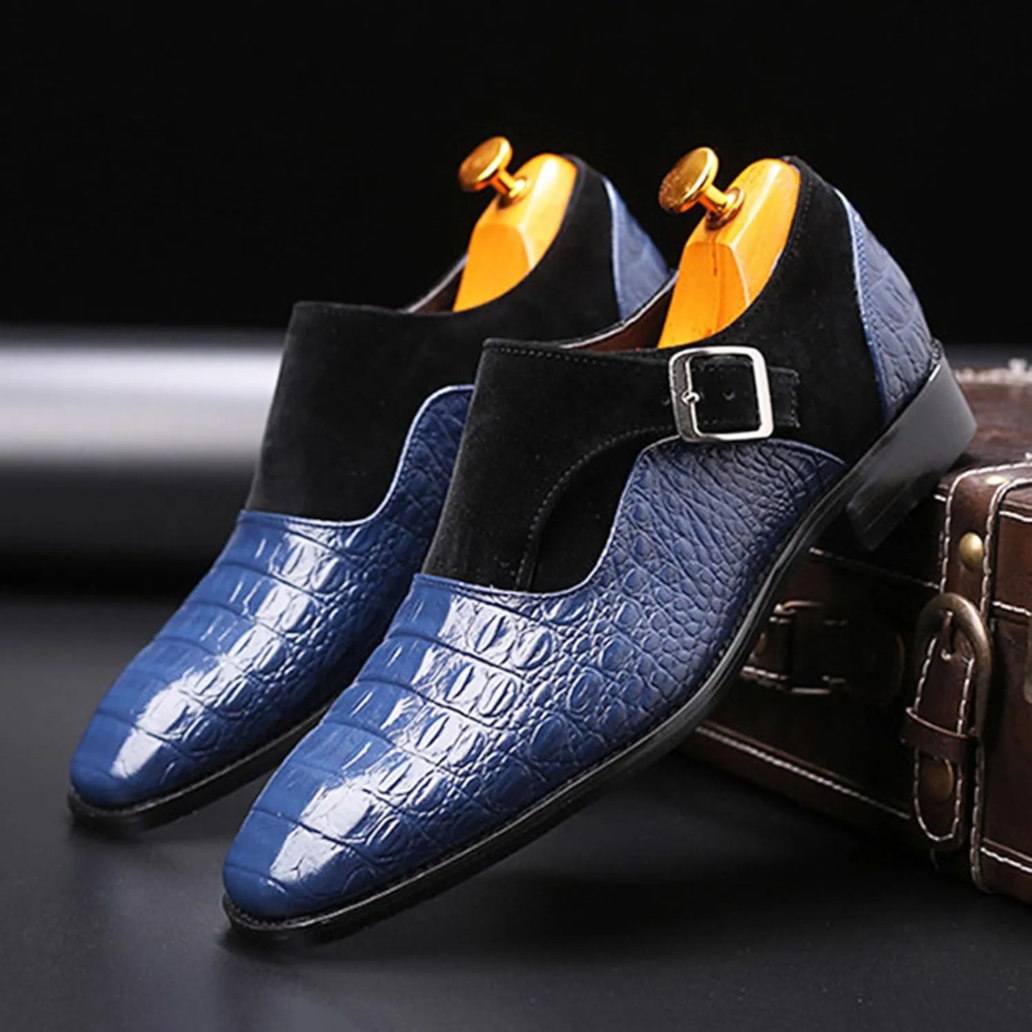 Men's Pattern Leather Patchwork Monk Strap Loafers Fashion Classic Pointed Toe Slip On Formal Business Dress Oxford Shoes