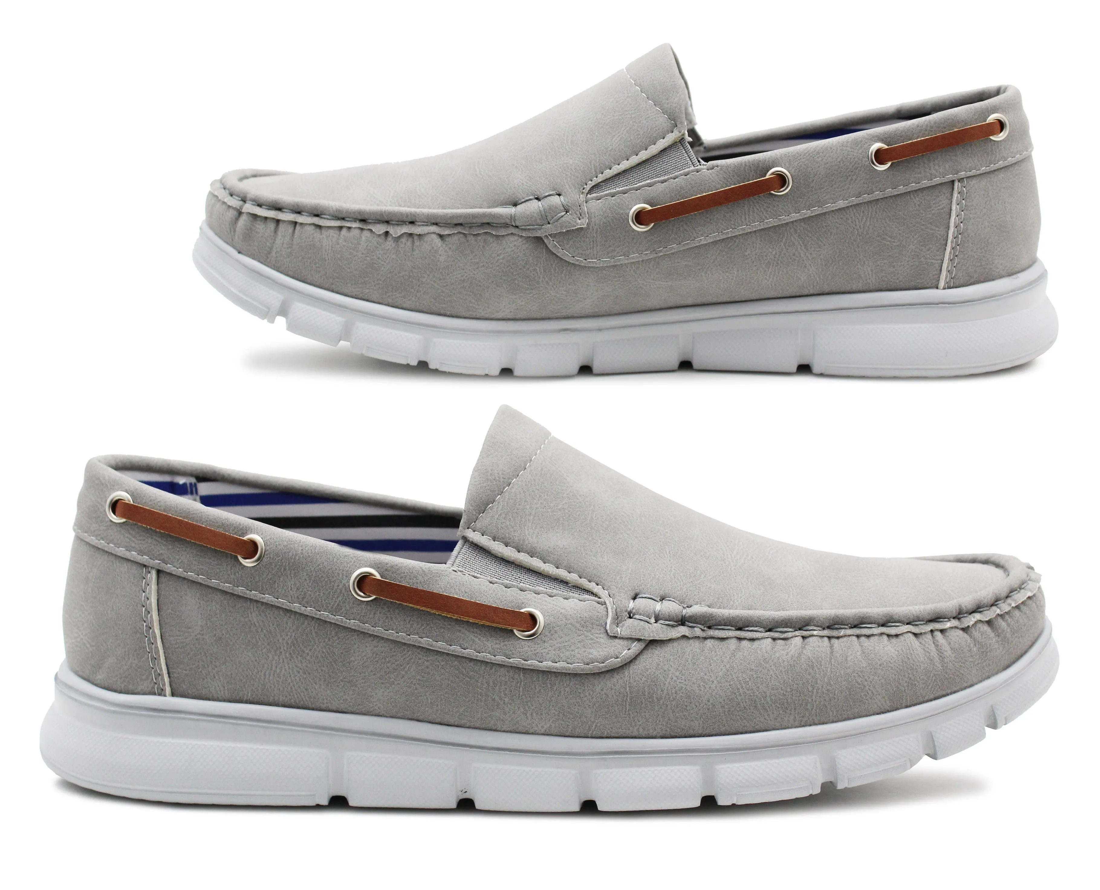 Mens Slip On Boat Shoes Deck Grey Trainers Lightweight Elastic Twin Gusset Casual Flat Low Top Sneaker Pumps