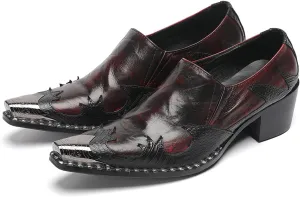 Men's Slip On Shoes Dress Casual Loafers with Metal Pointed Toe, Block Heel, Genuine Leather Two Tone Western Shoes for Office, Party, and Bar Wear