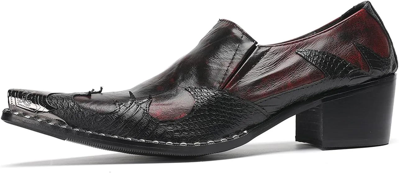 Men's Slip On Shoes Dress Casual Loafers with Metal Pointed Toe, Block Heel, Genuine Leather Two Tone Western Shoes for Office, Party, and Bar Wear