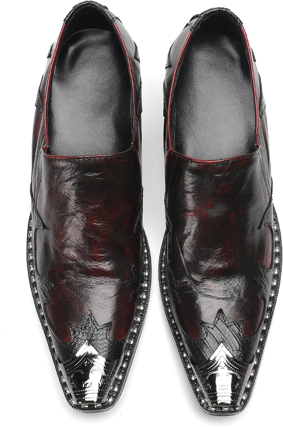 Men's Slip On Shoes Dress Casual Loafers with Metal Pointed Toe, Block Heel, Genuine Leather Two Tone Western Shoes for Office, Party, and Bar Wear