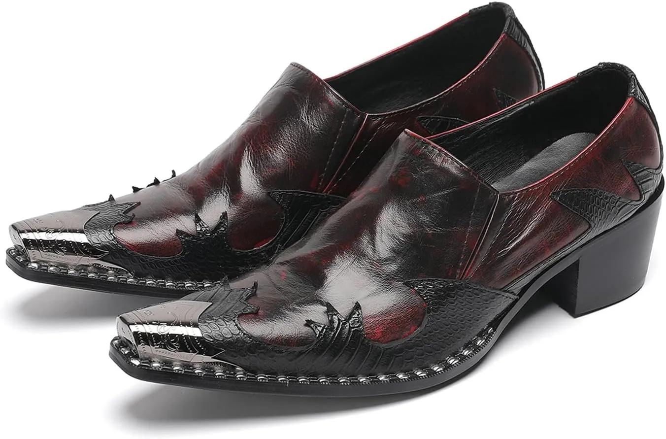 Men's Slip On Shoes Dress Casual Loafers with Metal Pointed Toe, Block Heel, Genuine Leather Two Tone Western Shoes for Office, Party, and Bar Wear