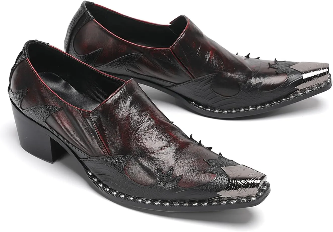 Men's Slip On Shoes Dress Casual Loafers with Metal Pointed Toe, Block Heel, Genuine Leather Two Tone Western Shoes for Office, Party, and Bar Wear