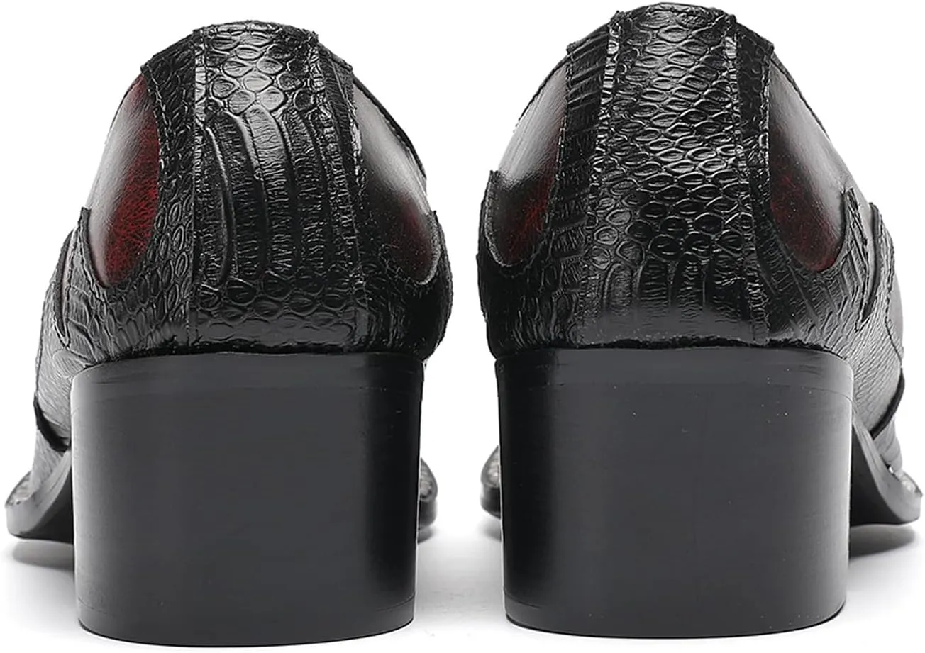 Men's Slip On Shoes Dress Casual Loafers with Metal Pointed Toe, Block Heel, Genuine Leather Two Tone Western Shoes for Office, Party, and Bar Wear