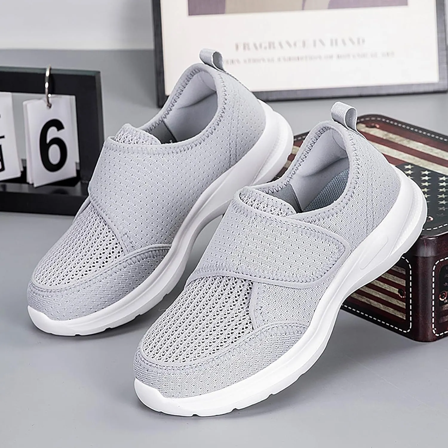 Men's Women's Mesh Round Toe Hook and Loop Loafers with Arch Support Casual Breathable Slip-On Orthopedic Sneakers Comfort Lightweight Non-Slip Driving Walking Shoes