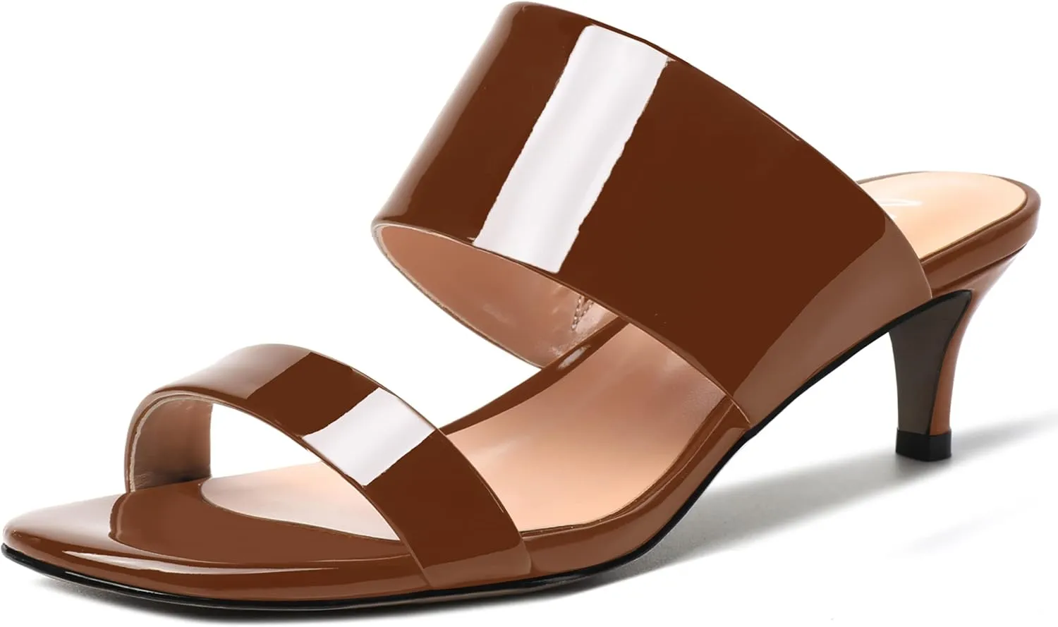 MERRORI Women's Open Toe Patent Slip On Casual Mules Dating Kitten Low Heel Sandals 2 Inch