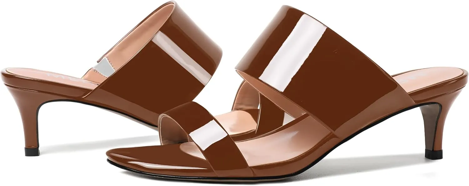 MERRORI Women's Open Toe Patent Slip On Casual Mules Dating Kitten Low Heel Sandals 2 Inch
