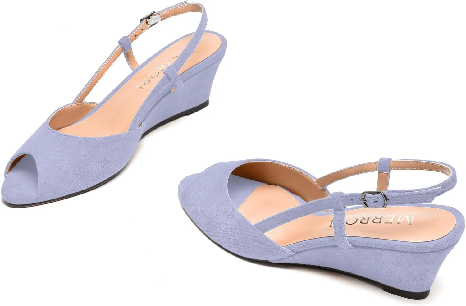 MERRORI Womens Suede Slingback Peep Toe Dating Cute Buckle Wedge Low Heel Wedges Sandals 2 Inch