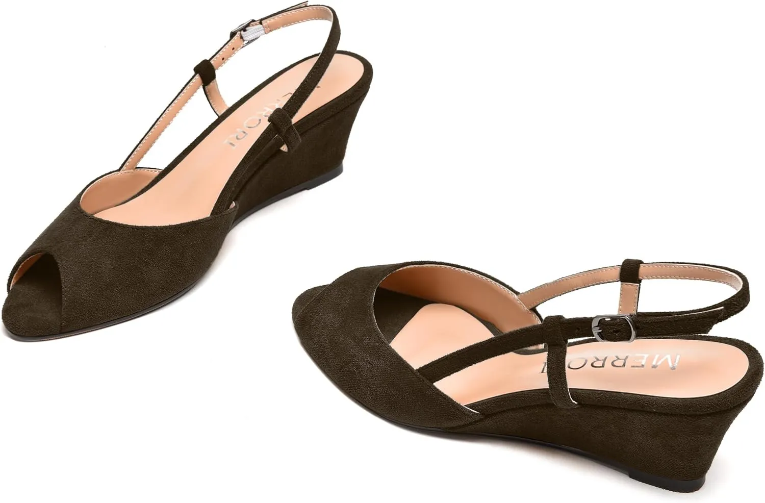 MERRORI Womens Suede Slingback Peep Toe Dating Cute Buckle Wedge Low Heel Wedges Sandals 2 Inch