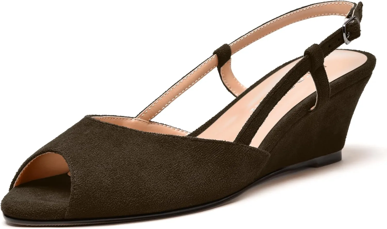 MERRORI Womens Suede Slingback Peep Toe Dating Cute Buckle Wedge Low Heel Wedges Sandals 2 Inch