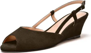 MERRORI Womens Suede Slingback Peep Toe Dating Cute Buckle Wedge Low Heel Wedges Sandals 2 Inch