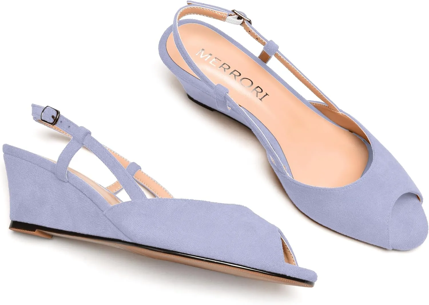 MERRORI Womens Suede Slingback Peep Toe Dating Cute Buckle Wedge Low Heel Wedges Sandals 2 Inch