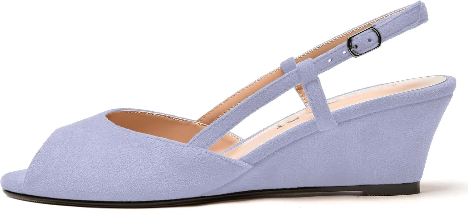 MERRORI Womens Suede Slingback Peep Toe Dating Cute Buckle Wedge Low Heel Wedges Sandals 2 Inch