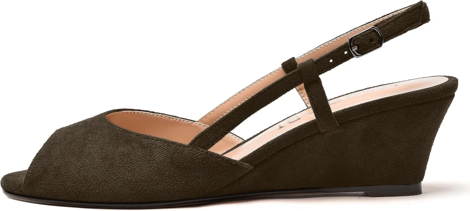 MERRORI Womens Suede Slingback Peep Toe Dating Cute Buckle Wedge Low Heel Wedges Sandals 2 Inch