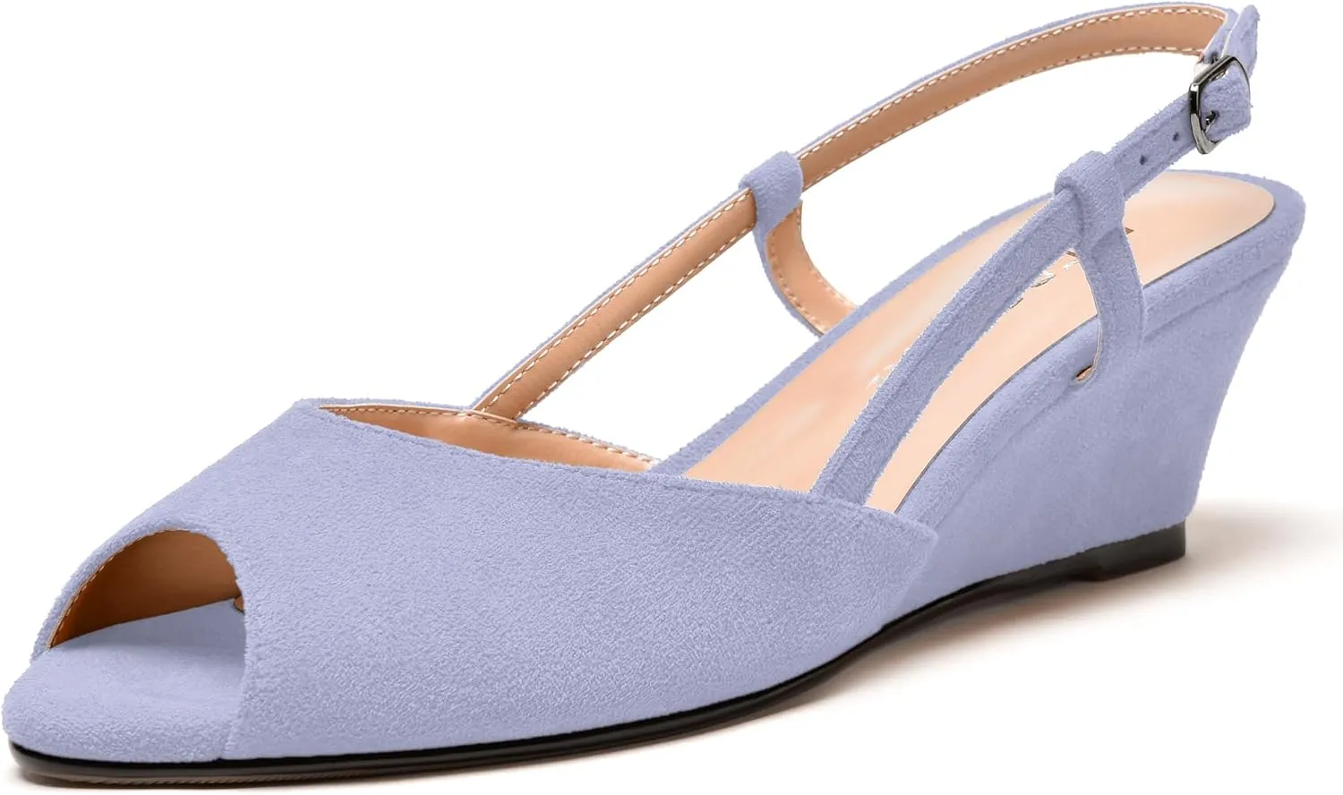 MERRORI Womens Suede Slingback Peep Toe Dating Cute Buckle Wedge Low Heel Wedges Sandals 2 Inch
