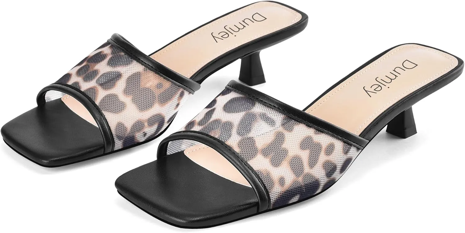 Mesh Heel Mules for Women Kitten Heeled Sandals Square Open Toe Comfort Slip On Casual Shoes