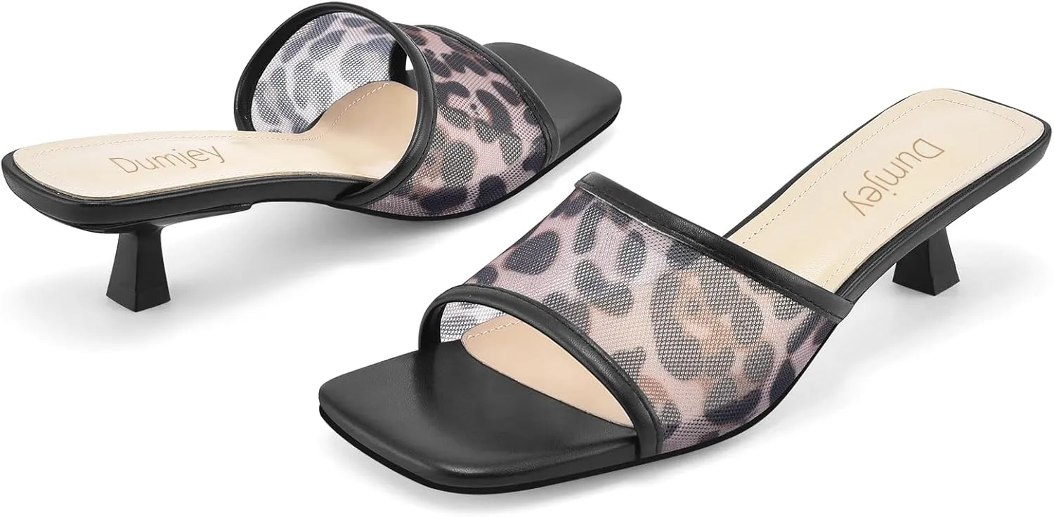 Mesh Heel Mules for Women Kitten Heeled Sandals Square Open Toe Comfort Slip On Casual Shoes