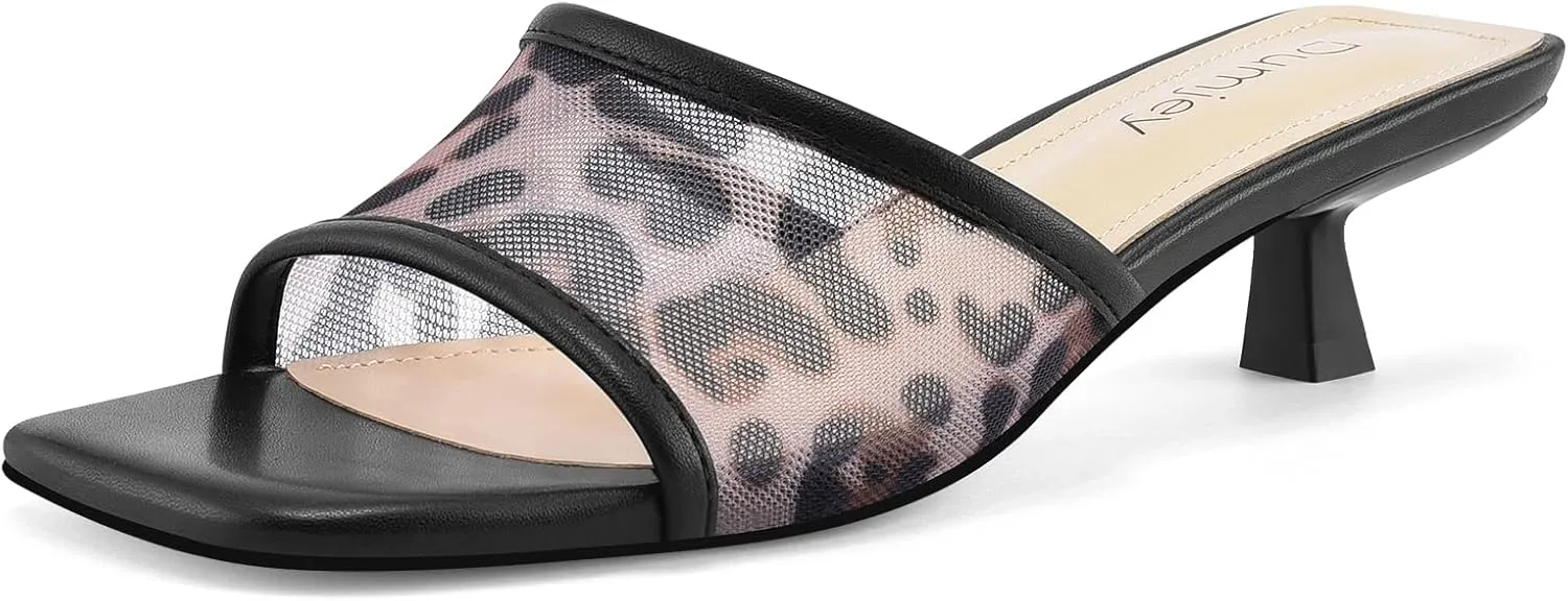 Mesh Heel Mules for Women Kitten Heeled Sandals Square Open Toe Comfort Slip On Casual Shoes