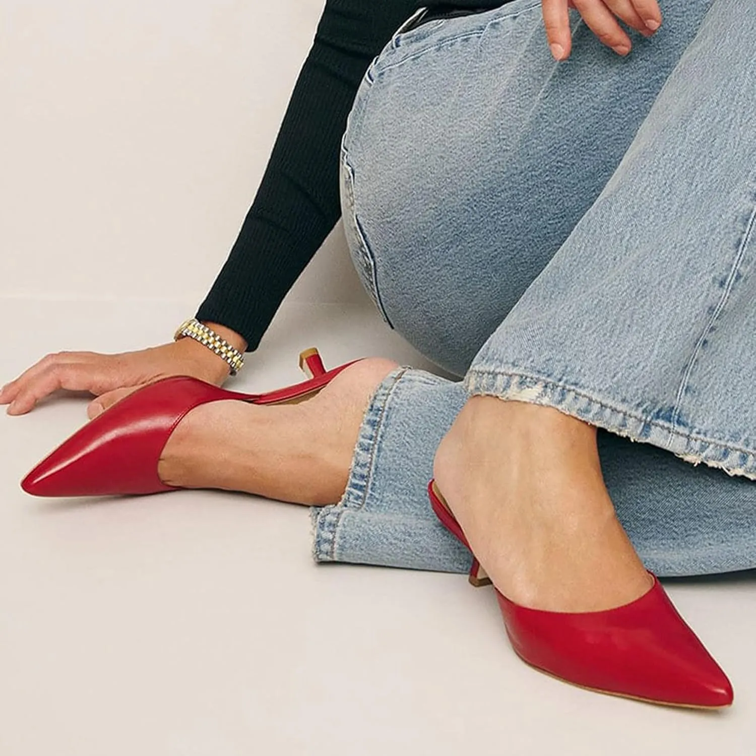 Mesh Kitten Heels Mules for Women Closed Pointed Toe Slip on Backless Stiletto Slingback Low Heels Comfort Pumps Shoes