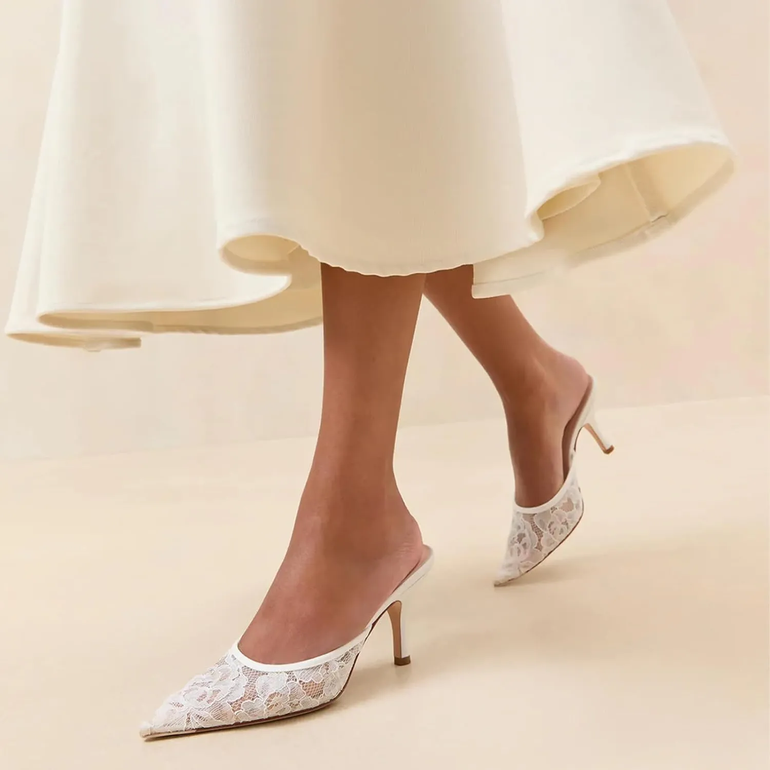 Mesh Kitten Heels Mules for Women Closed Pointed Toe Slip on Backless Stiletto Slingback Low Heels Dress Pumps Shoes