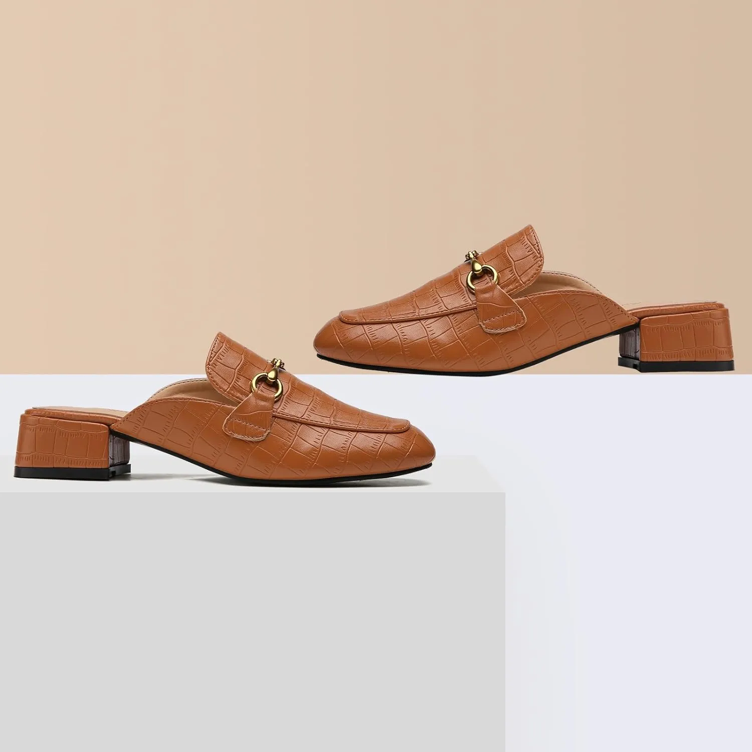 Metal Buckle Mules Women Square Toe Chunky Heels for Women Heeled Sandals Slip on Shoes Women Loafers
