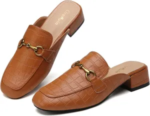 Metal Buckle Mules Women Square Toe Chunky Heels for Women Heeled Sandals Slip on Shoes Women Loafers