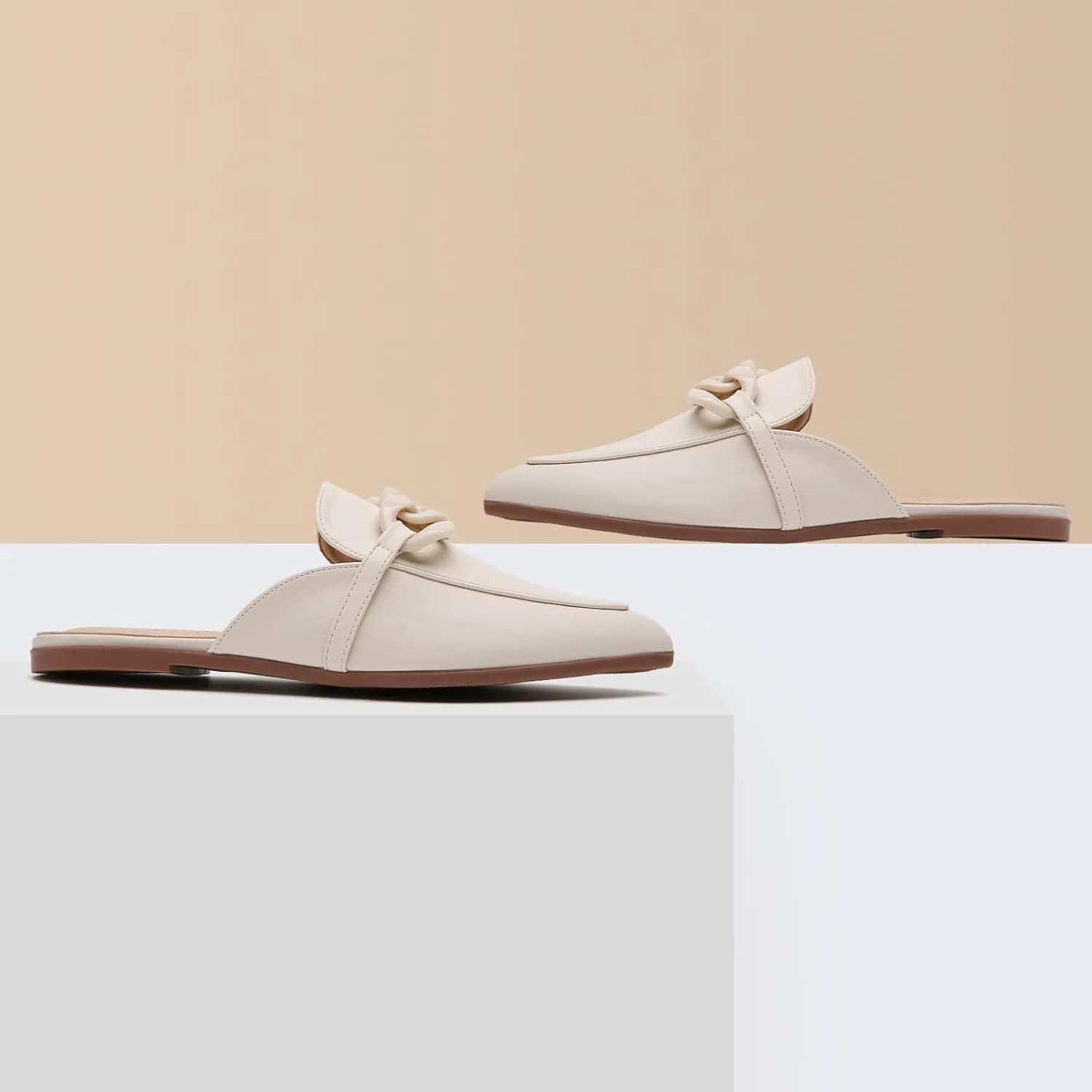 Metal Chain Decor Flat Mules for Women Closed Pointed Toe Slip on Loafers Slides Backless Mules Shoes