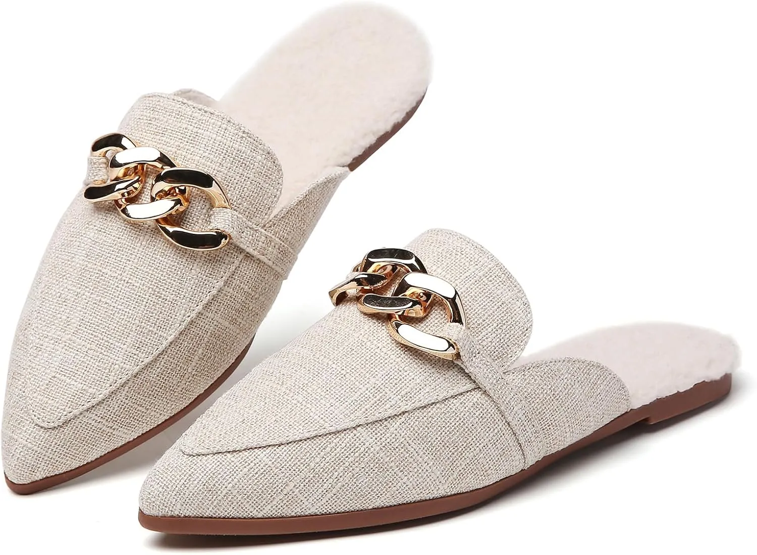 Metal Chain Decor Flat Mules for Women Closed Pointed Toe Slip on Loafers Slides Backless Mules Shoes
