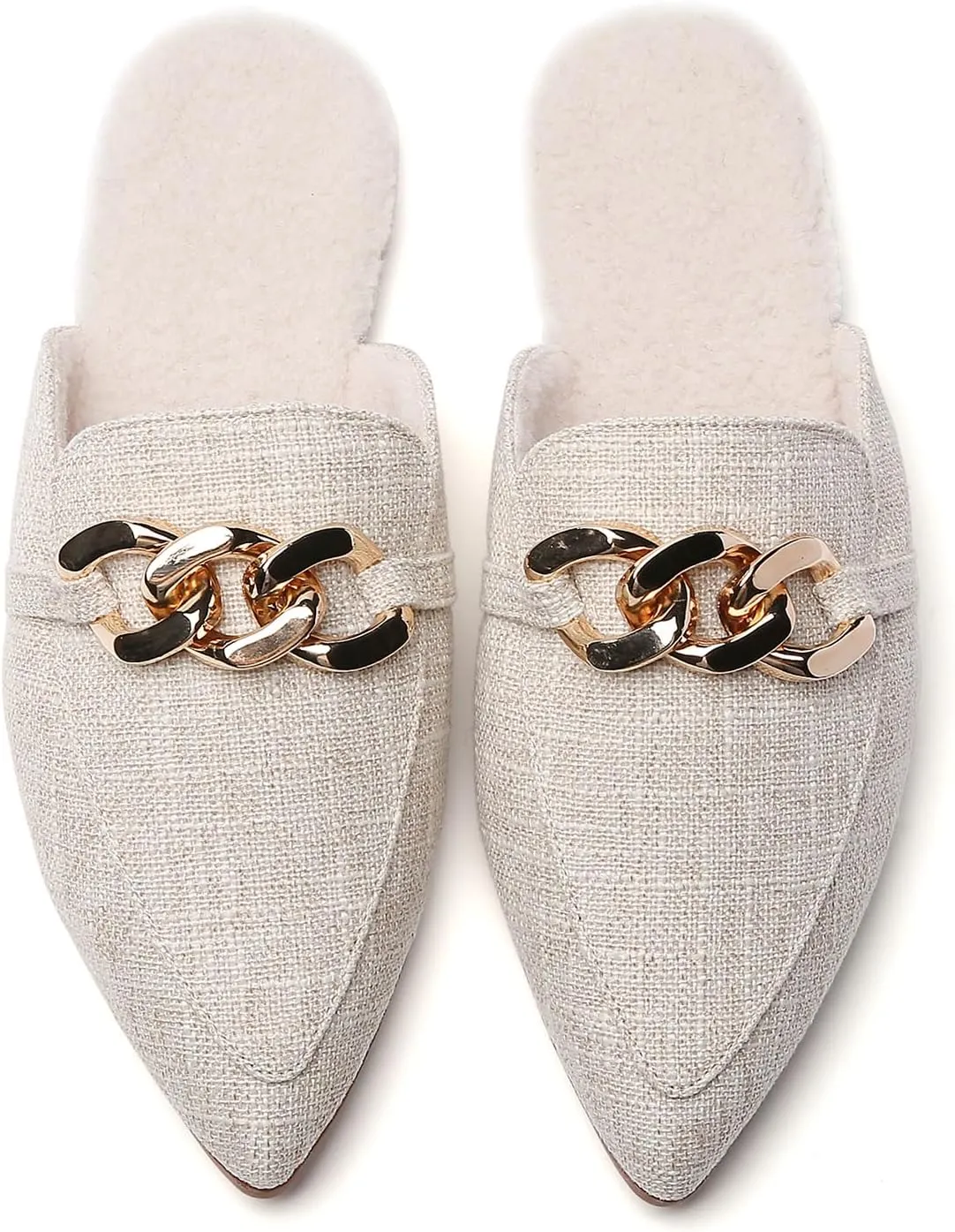 Metal Chain Decor Flat Mules for Women Closed Pointed Toe Slip on Loafers Slides Backless Mules Shoes