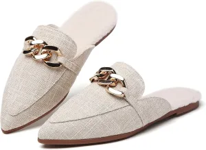 Metal Chain Decor Flat Mules for Women Closed Pointed Toe Slip on Loafers Slides Backless Mules Shoes