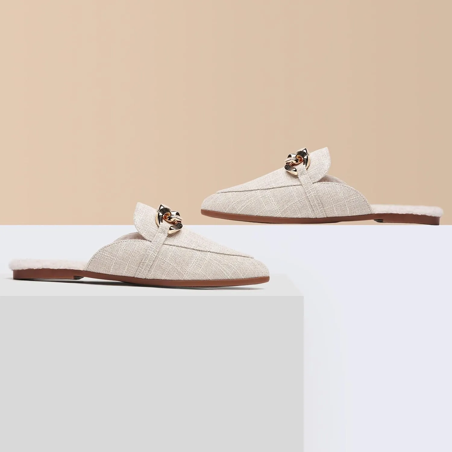 Metal Chain Decor Flat Mules for Women Closed Pointed Toe Slip on Loafers Slides Backless Mules Shoes
