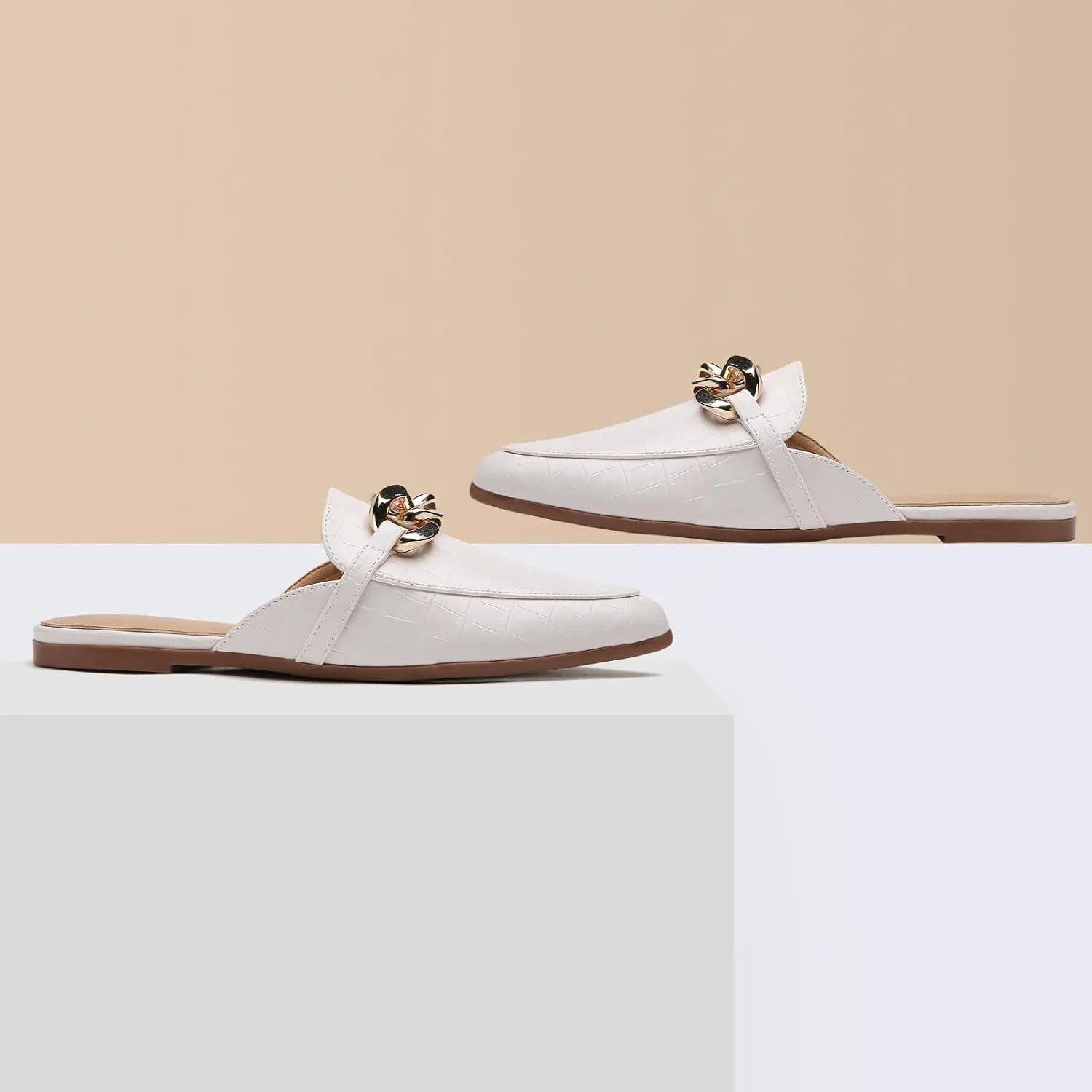 Metal Chain Decor Flat Mules for Women Closed Pointed Toe Slip on Loafers Slides Backless Mules Shoes
