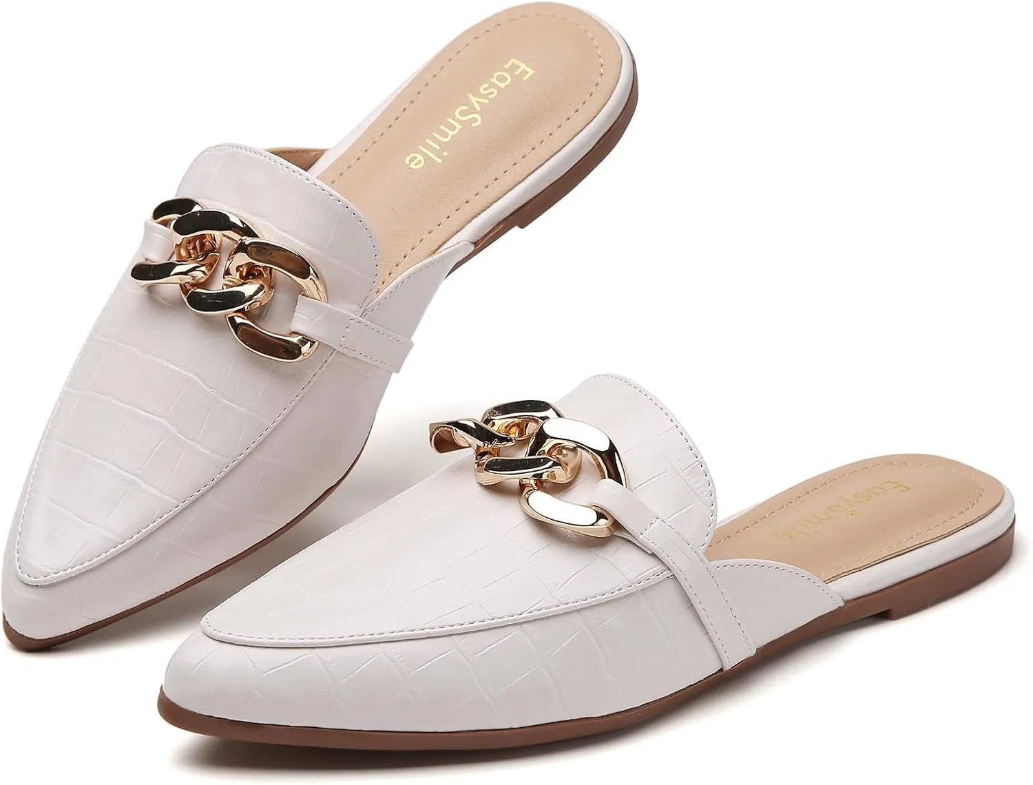 Metal Chain Decor Flat Mules for Women Closed Pointed Toe Slip on Loafers Slides Backless Mules Shoes