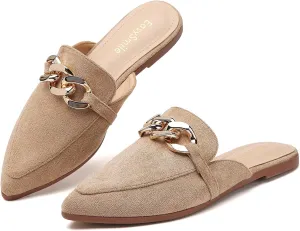 Metal Chain Decor Flat Mules for Women Closed Pointed Toe Slip on Loafers Slides Backless Mules Shoes