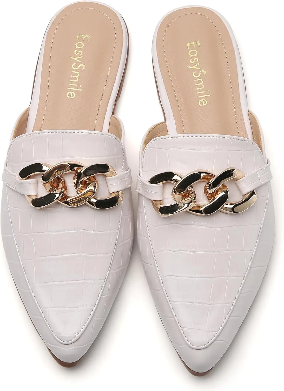 Metal Chain Decor Flat Mules for Women Closed Pointed Toe Slip on Loafers Slides Backless Mules Shoes