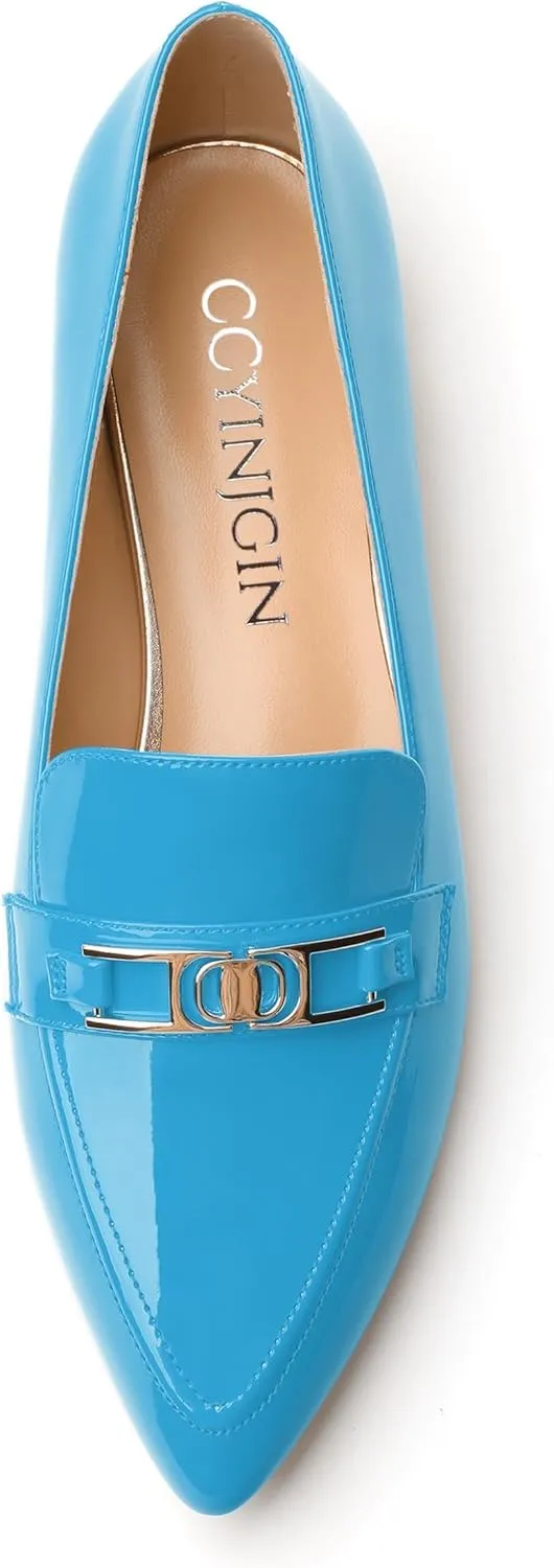 Metal Chain Loafers for Women Pointed Toe Slip on Flats Comfortable Fashion Work Shoes
