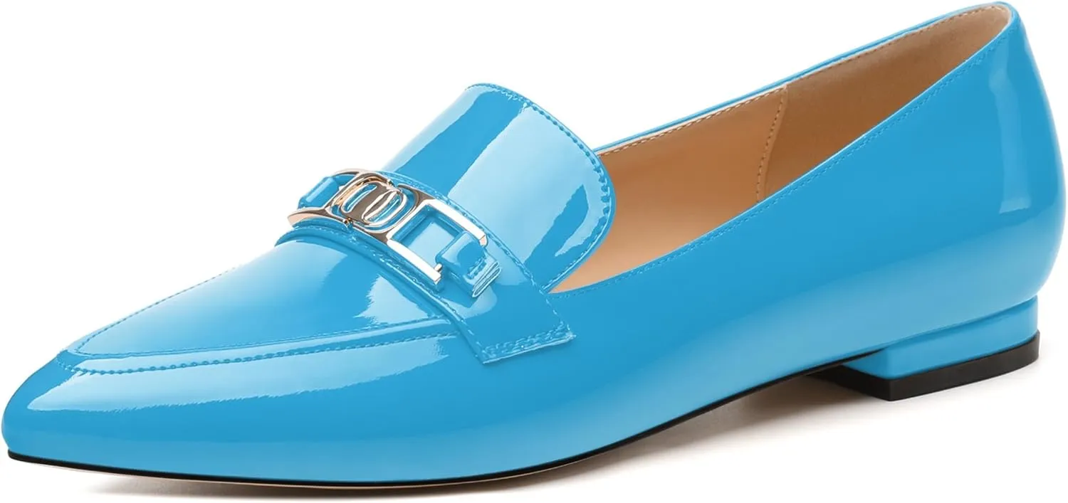Metal Chain Loafers for Women Pointed Toe Slip on Flats Comfortable Fashion Work Shoes