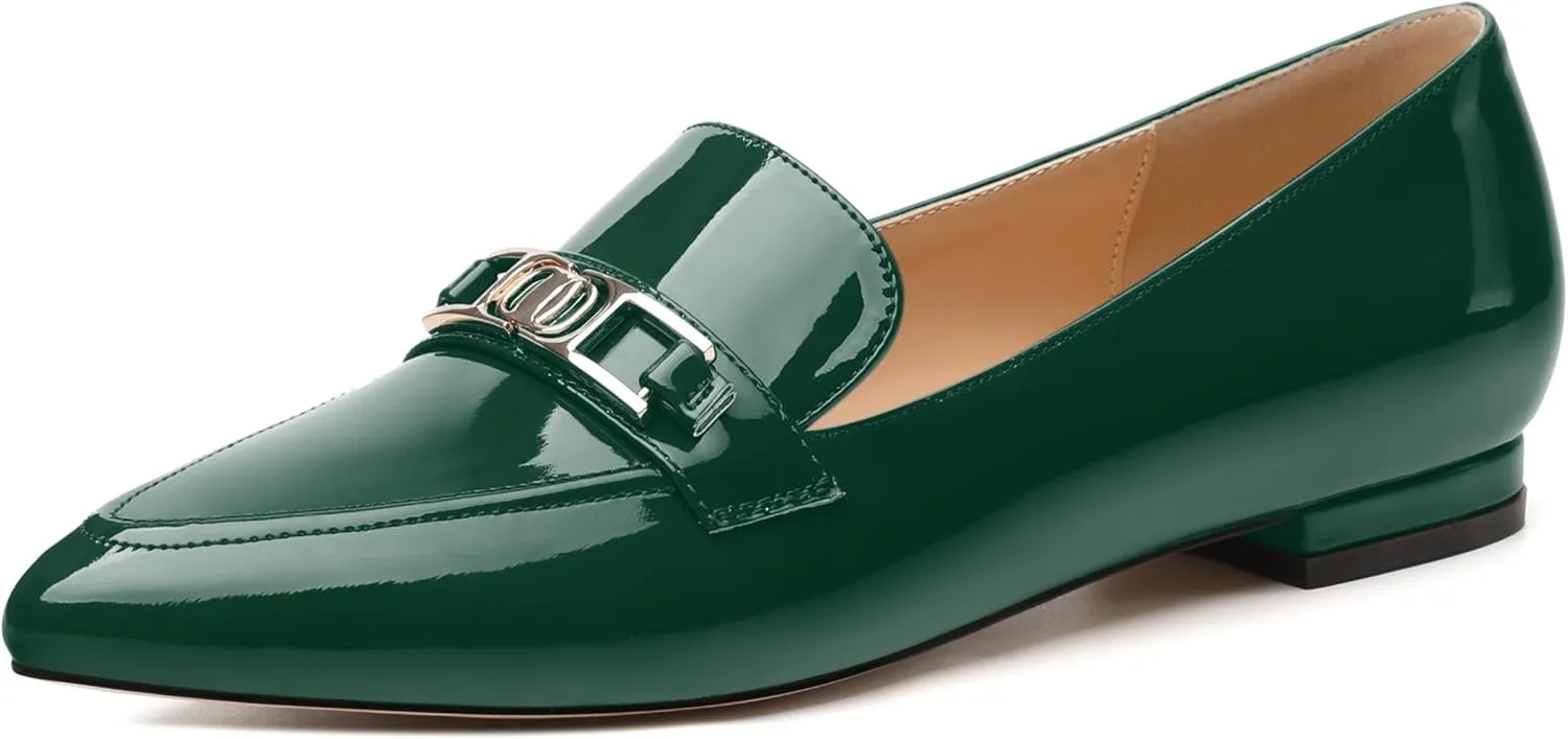 Metal Chain Loafers for Women Pointed Toe Slip on Flats Comfortable Fashion Work Shoes