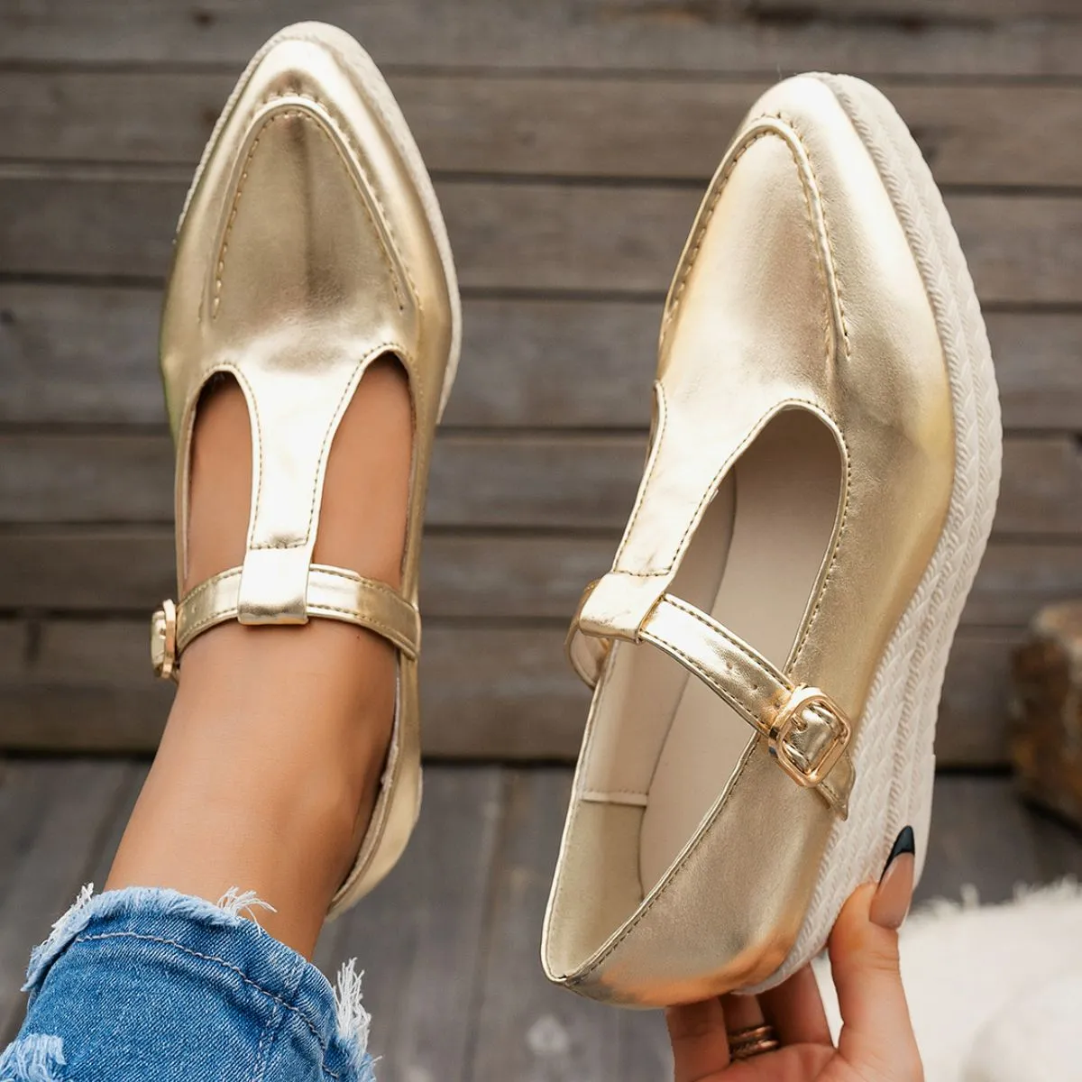 Metallic Buckle Wedges | 2 Colors| Poundton