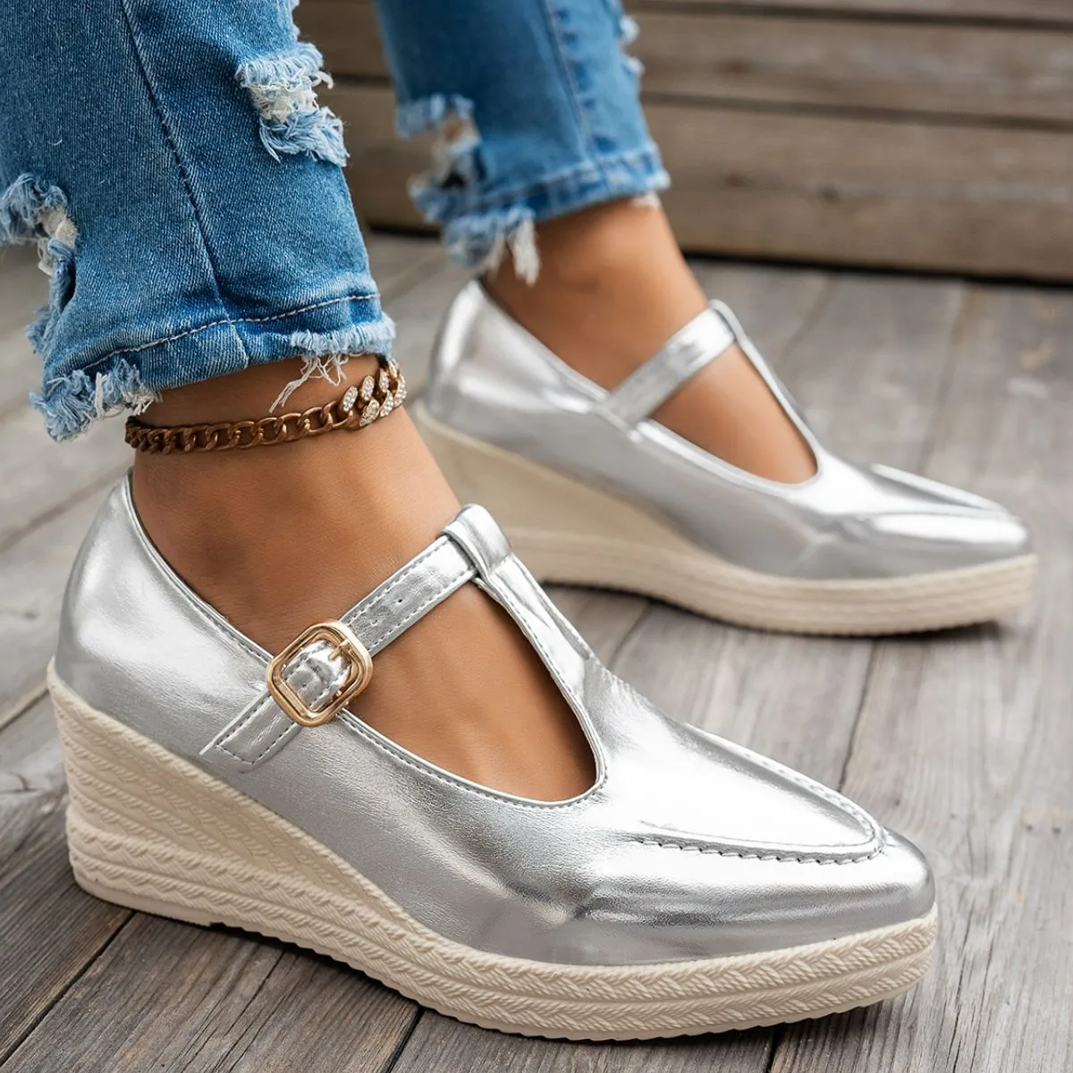 Metallic Buckle Wedges | 2 Colors| Poundton