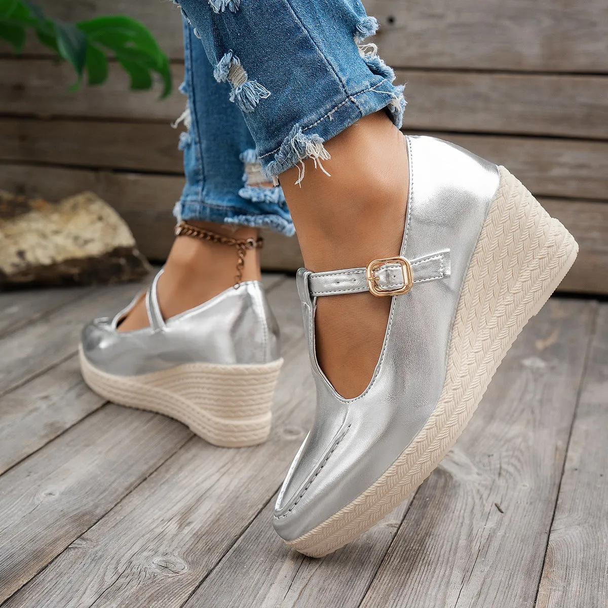 Metallic Buckle Wedges | 2 Colors| Poundton