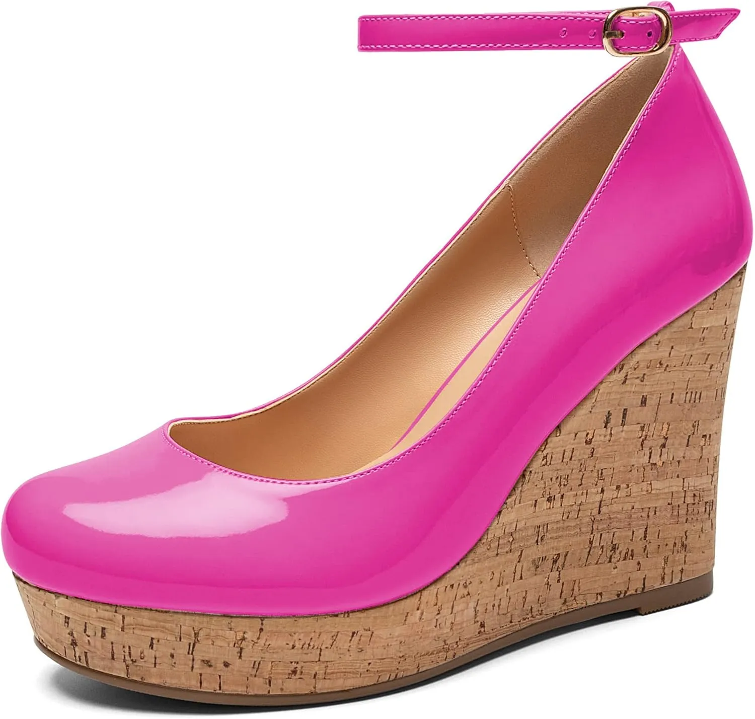 Mettesally Women's Platform Cork Wedge Heel Pumps Round Closed Toe Ankle Strap Classic Office Dress Shoes